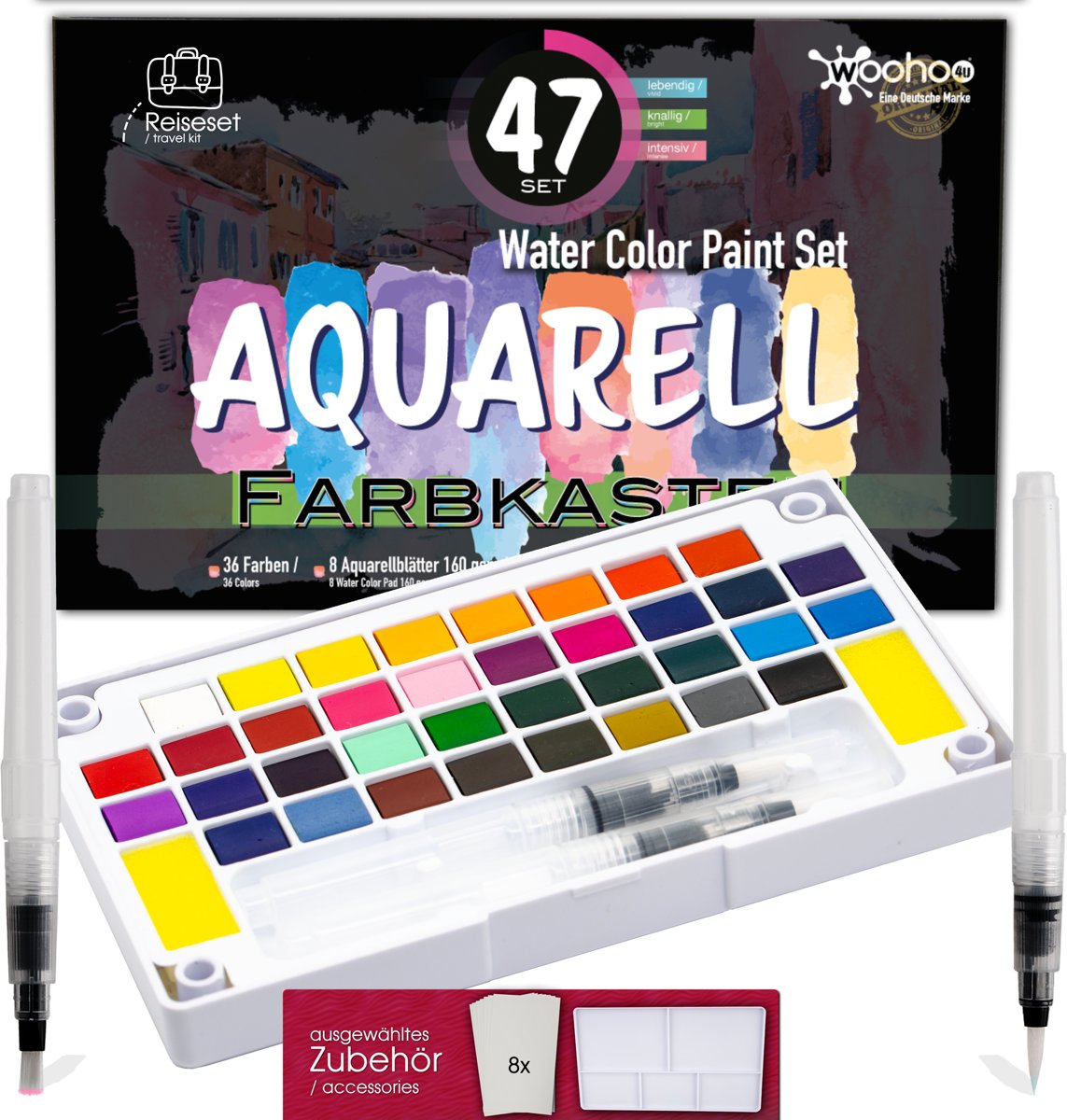 woohoo4u® Aquarelverfdoos, Aquarelverf-set met 36 aquarellen - 8 aquarelpapier, 2 aquarelpenselen, 1 mengplaat - Travel Aquarel Box Set, Painting Set voor kinderen [Premium 47er Set].
